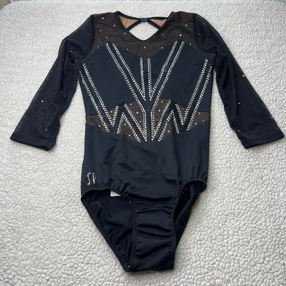 Sylvia P Black Rhinestone Mesh Competition Leotard Adult Small Short - Picture 1 of 16